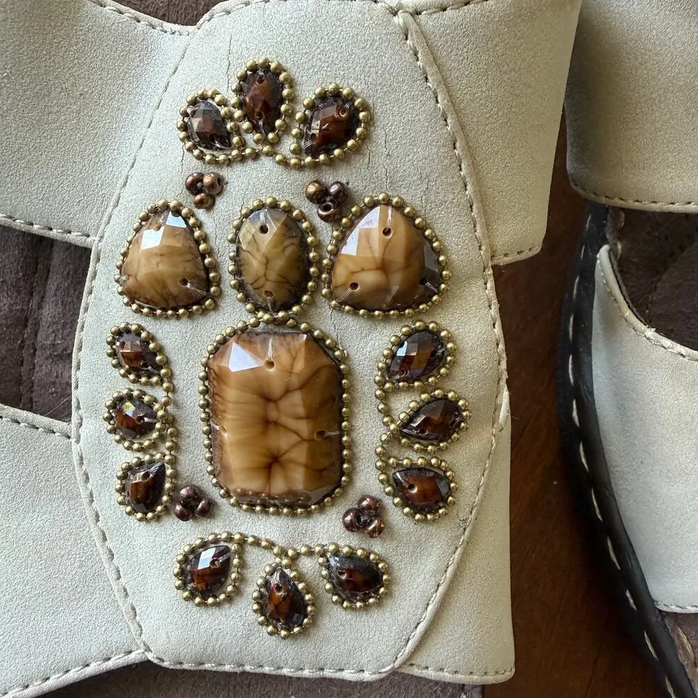 Natural Soul Cream Saymore Slide On Beaded Open Toe Mule Sandals Sz 8.5 Comfort